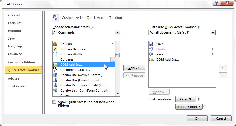 Adding COM Add-ins button to QAT