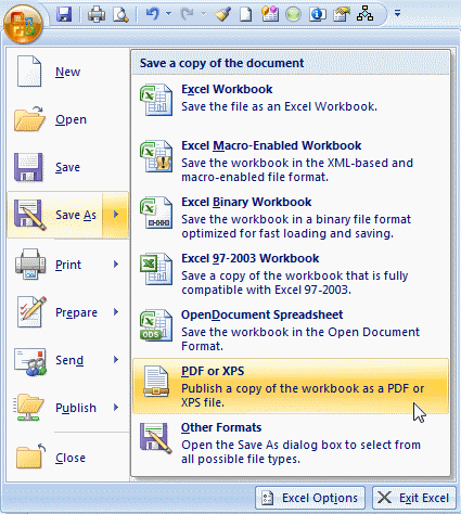 Excel Save As PDF menu