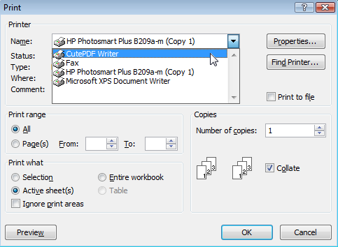 Selecting the PDF printer