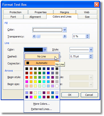 Excel text box formatting dialog