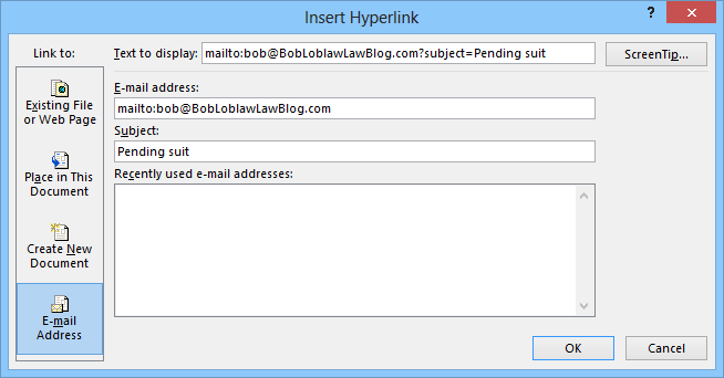 insert hyperlink email 2013