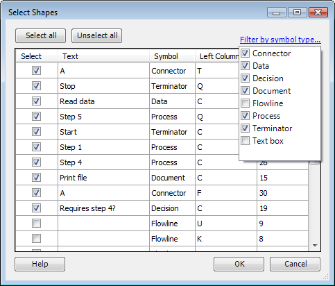 Select Shapes - filter options