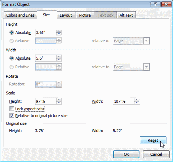 Word Format Object Size Reset